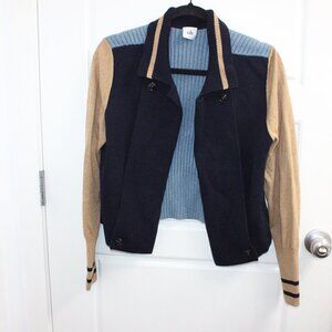 CABI Turn Back Cardigan Ribbed Knit Cropped Varsity Jacket in Color Block Medium